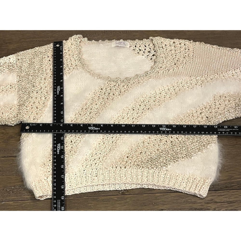 Hand Knitted Cream Gold Metallic Fuzzy Striped Sweater Crop Woolly Weavers Small - Picture 4 of 8